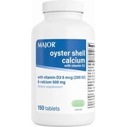 Major Oyster Shell Calcium with Vitamin D Cholecalciferol Supplement Tablets, Green, 500 mg, 150 Count