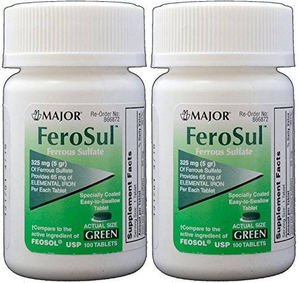 Major Pharmaceutical Ferosul Ferrous Sulfate gr), Iron Supplement, Count Green Tablet (2 Pack