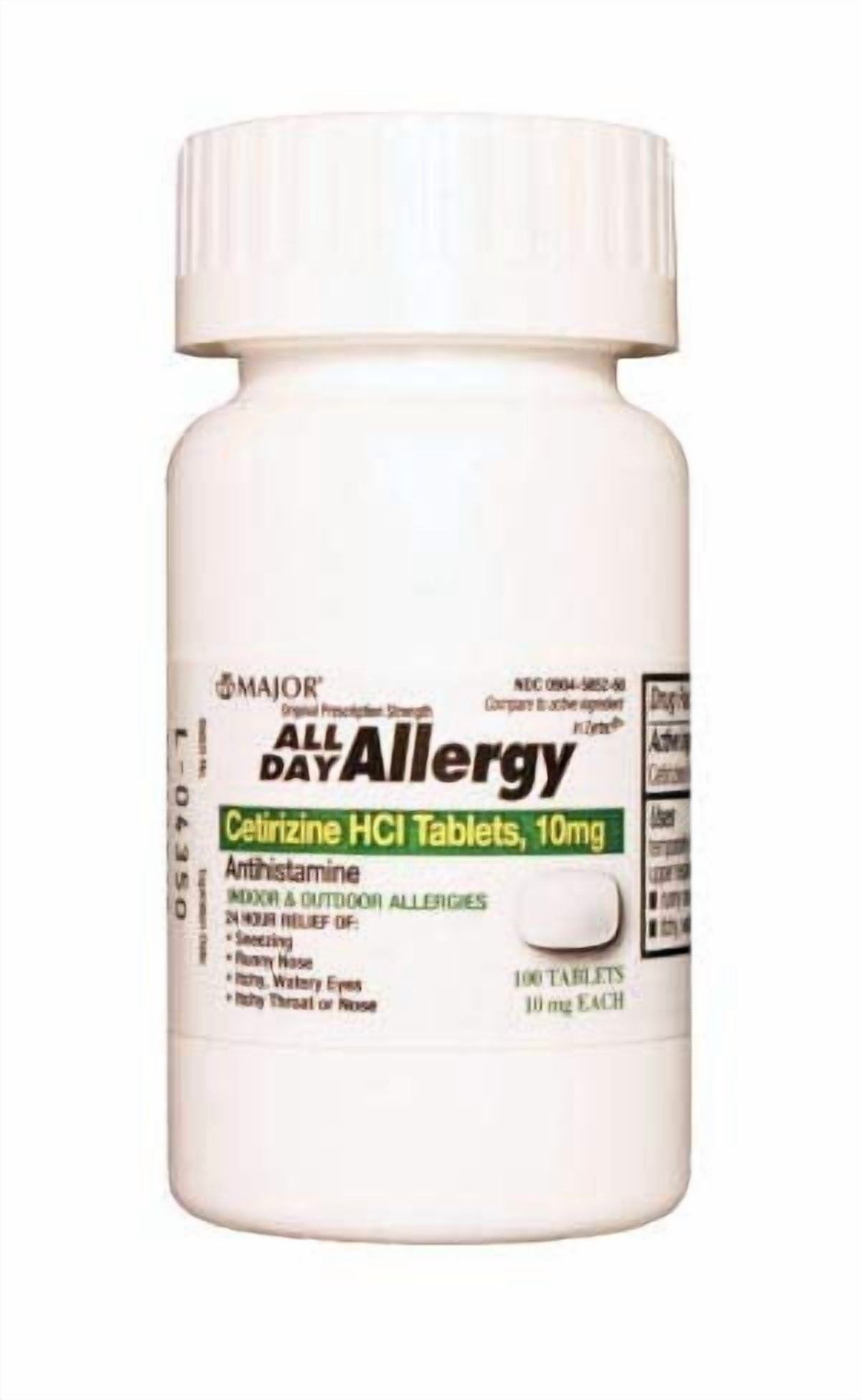 Major Pharmaceuticals 255551 All Day Allergy Cetirizine HCI Tablet, 10 mg, White (Pack of 100)