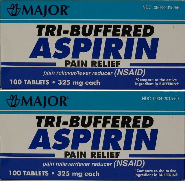 Major TriBuffered Aspirin 325mg 100 Tablets 2 Pk Pain Reliever and