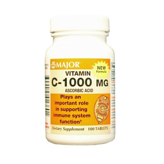 Major Vitamin-C Ascorbic Acid Dietary Supplement, White, 100 mg, 100 Count