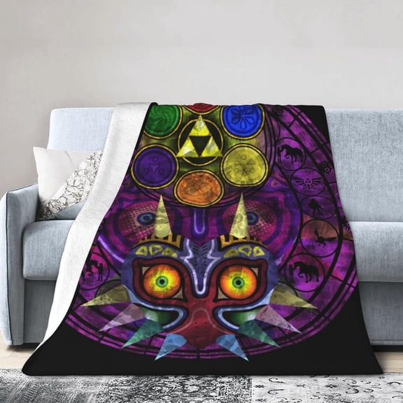 Majora's Mask Stained Glass Premium Flannel Blanket - Lightweight Throw for Bed & Sofa, Double-Sided Geometric Print80 X60