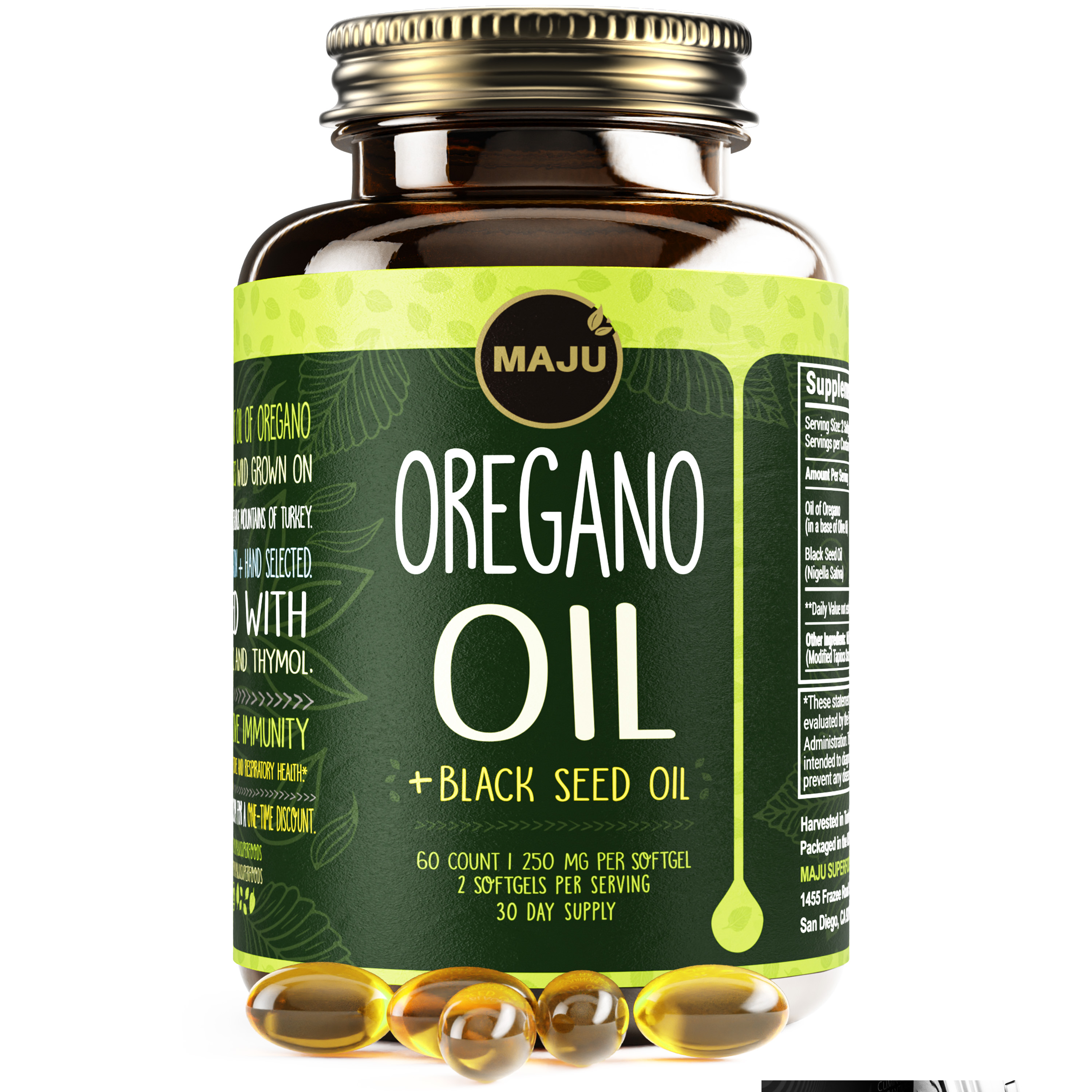 MAJU's Oregano Oil Capsules, 60 Count - 2-in-1 Blended Softgel