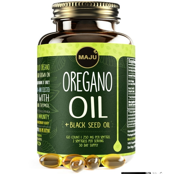 MAJU's Oregano Oil Capsules, 60 Count - 2-in-1 Blended Softgel, Oil of Oregano with Black Seed Oil, Edible Dietary Supplement for Seasonal Wellness, Immune Support, Minerals, Digestion