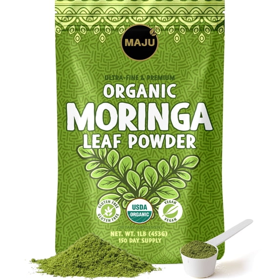 MAJU's Organic Moringa Powder, 1lb, Non-GMO and Raw, Shade Dried for Highest Nutrients, Add to Mixed Beverages, Superfood