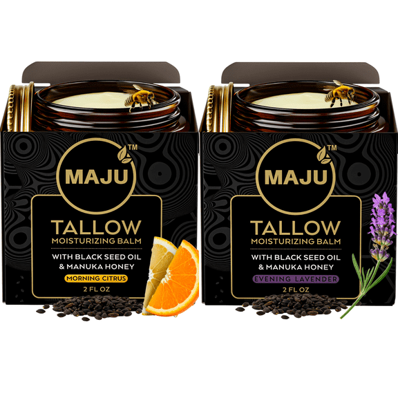 MAJU's Black Seed Manuka Tallow, 2 Pack Bundle, Citrus & Lavender for 24/7 Skincare, Grass Fed Beef Tallow Balm, Deeply Hydrating for All Day & All Night Skin Nourishment