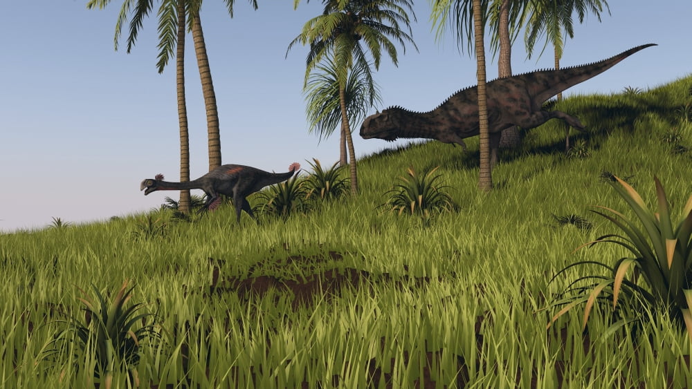 Majungasaurus chasing a Gigantoraptor Canvas Art - Kostyantyn IvanyshenStocktrek Images (38 x 22)