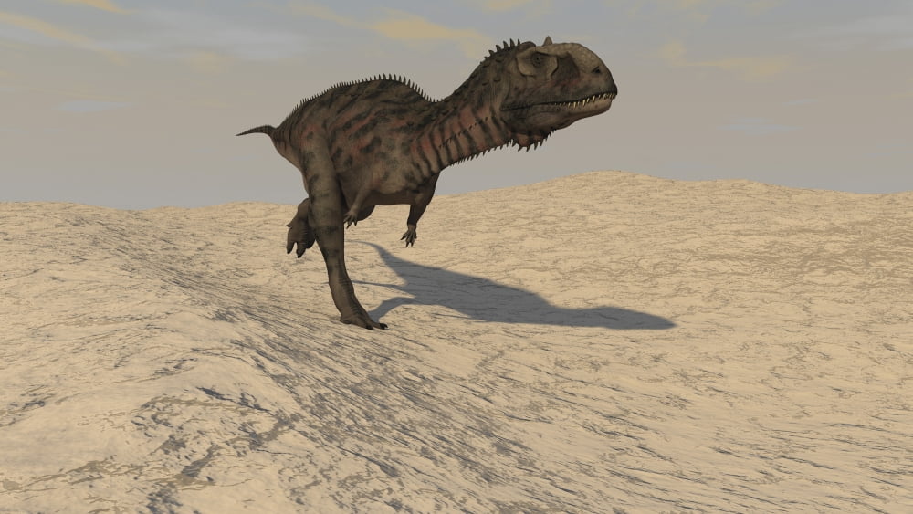 Majungasaurus running across a barren desert Canvas Art - Kostyantyn IvanyshenStocktrek Images (19 x 11)
