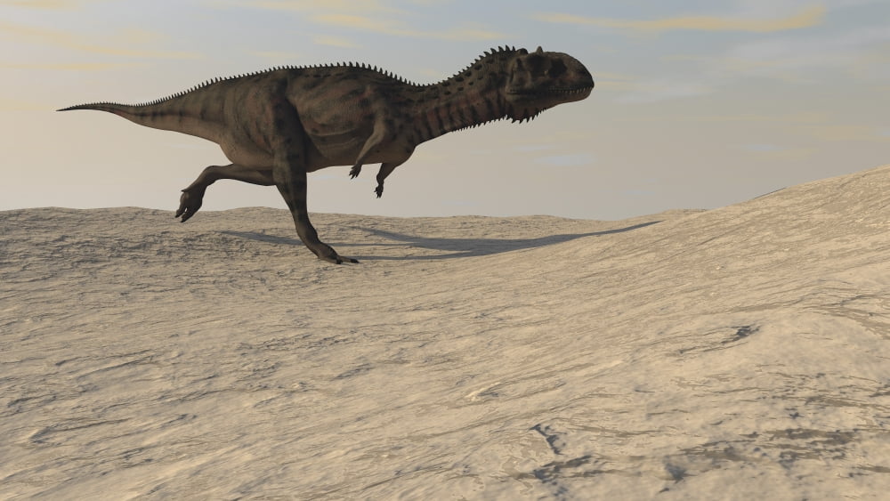 Majungasaurus running across a barren desert Canvas Art - Kostyantyn IvanyshenStocktrek Images (38 x 22)