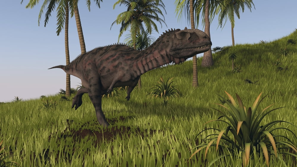 Majungasaurus running across a grassy field Canvas Art - Kostyantyn IvanyshenStocktrek Images (38 x 22)
