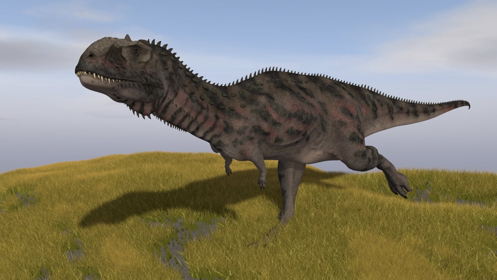 Majungasaurus running across a grassy field Canvas Art - Kostyantyn IvanyshenStocktrek Images (38 x 22)