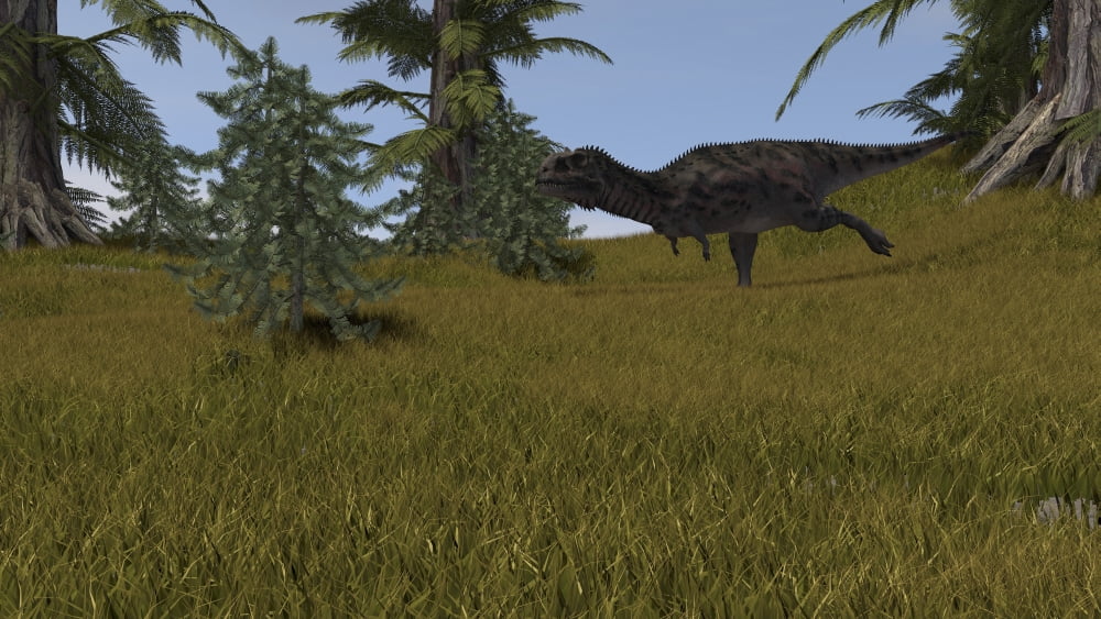 Majungasaurus running across a grassy field Canvas Art - Kostyantyn IvanyshenStocktrek Images (38 x 22)