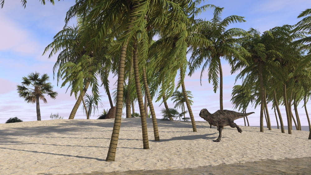 Majungasaurus running across a tropical landscape Canvas Art - Kostyantyn IvanyshenStocktrek Images (19 x 11)