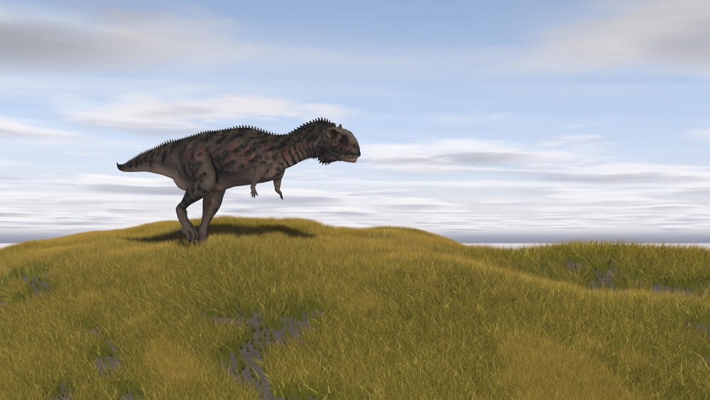 Majungasaurus walking across a grassy field Canvas Art - Kostyantyn IvanyshenStocktrek Images (19 x 11)