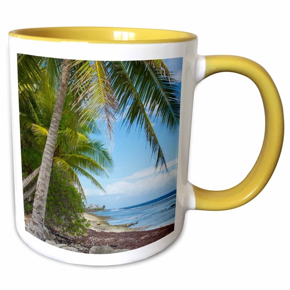 3drose, Majuro, Marshall Islands. Romantic Beach Scene with Palm Trees., 11oz Two-tone Yellow Mug