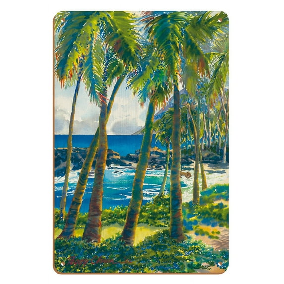 Maka Makai (View by the Sea) - Peaceful Hawaiian Bay - Palm Trees - From an Original Hawaii Watercolor Painting by Peggy Chun - 8 x 12 inch Vintage Wood Art Sign