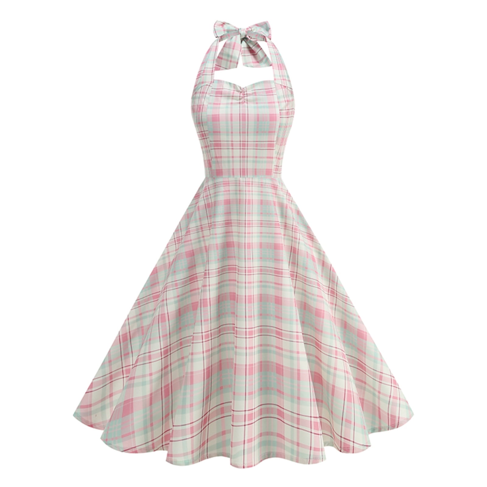 1950s halter neck dress Polka Dots Halter Audrey Hepburn Style 1950S Vintage Dress With Bow Backless Red / M