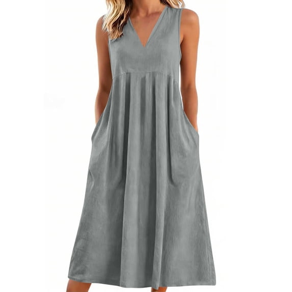 Makaor A Line Dresses for Women Midi Plus Size Sleeveless Dress Solid V Neck Lounge Dress with Pockets Gray 2XL
