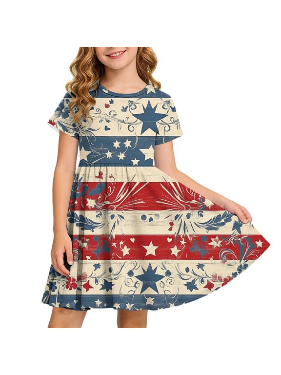 A Line Summer Dress for Girls Fourth of July Ruched Independence Day Patchwork Short Sleeve Dresses Empire Waist USA Themed Dresses