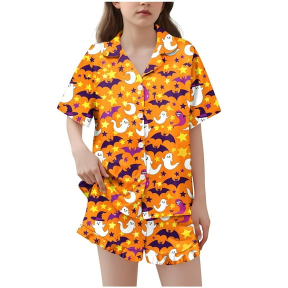 Makaor Baby Pajamas Girl Boy Halloween 2 Piece Button down Short Sleeve Nightwear Shorts Pjs Set Ghost Soft Loungewear