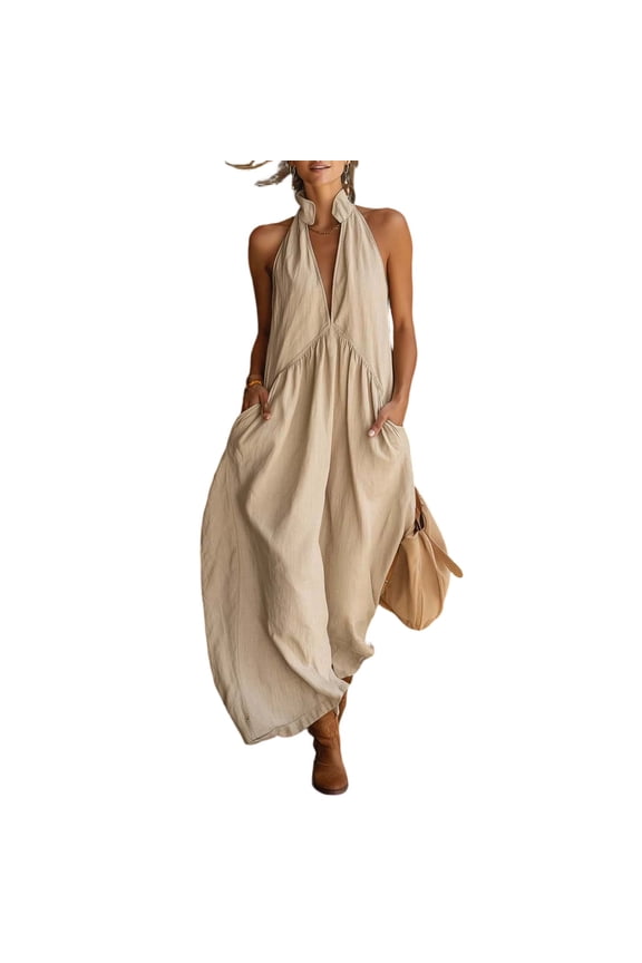 Backless Dresses for Women Sheath Linen Ruched Maxi Dresses Plus Size Sleeveless Dress Solid Halter Neck Open Back Beach Vacation Clothes with Pockets Beige XL