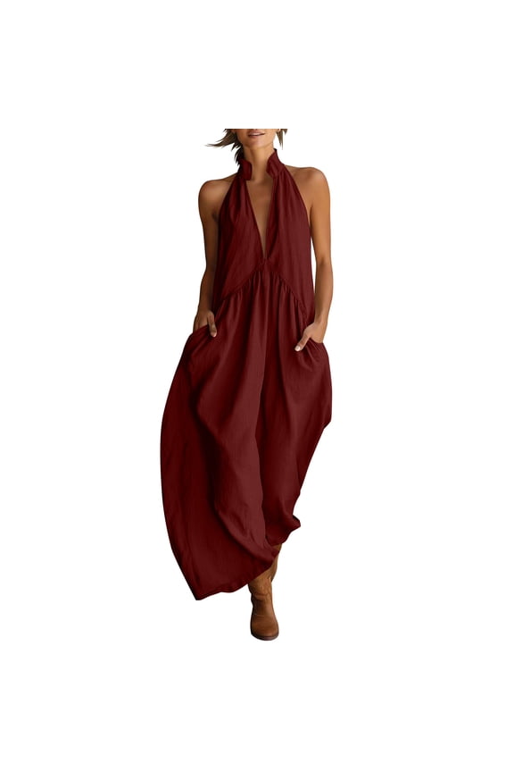 Backless Dresses for Women Sheath Linen Ruched Maxi Dresses Plus Size Sleeveless Dress Solid Halter Neck Open Back Beach Vacation Clothes with Pockets Red M