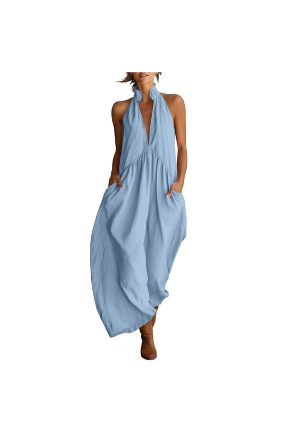 Backless Dresses for Women Sheath Linen Ruched Maxi Dresses Plus Size Sleeveless Dress Solid Halter Neck Open Back Beach Vacation Clothes with Pockets Blue XL