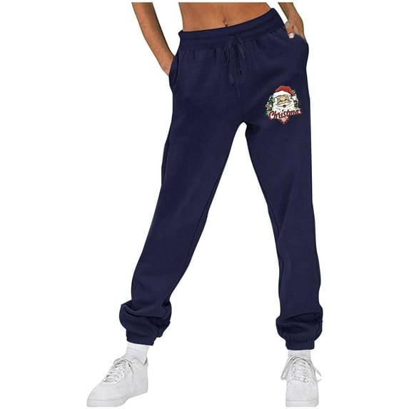 Makaor Baggy Sweatpants for Women with Pockets Christmas Solid Fleece Athletic Pants with Elastic Waist Dark Blue M