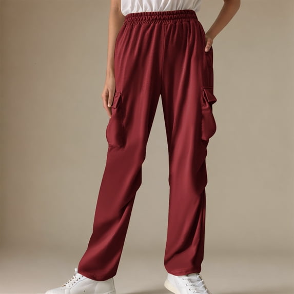 Makaor Baggy Sweatpants for Women with Pockets Solid Athletic Pants with Elastic Waist Wine M