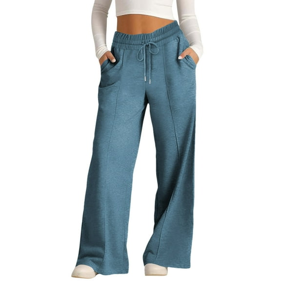 Makaor Baggy Sweatpants for Women with Pockets Wide Leg Solid Drawstring Athletic Pants with Elastic Waist Blue 2XL
