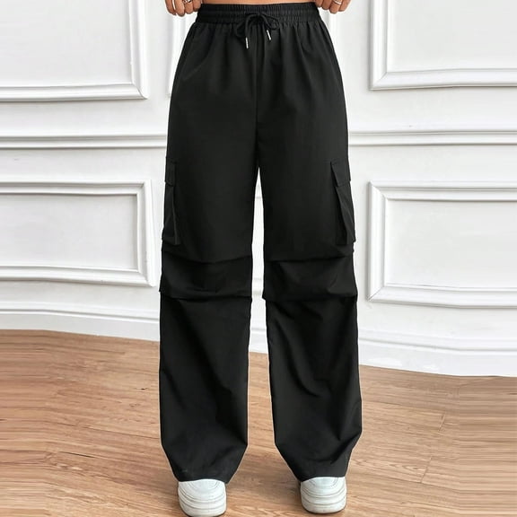 Makaor Baggy Sweatpants for Women with Pockets Wide Leg Solid Elastic Waist Cargo Drawstring Loose Trousers Black XL