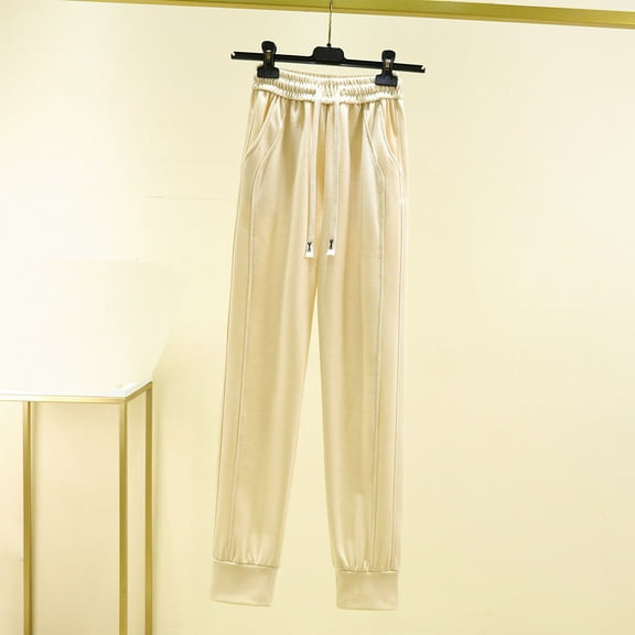 Makaor Baggy Sweatpants for Women with Pockets Wide Leg Solid Elastic Waist Cotton Drawstring Loose Trousers Beige M