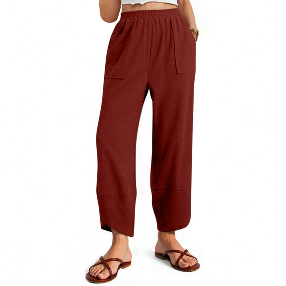 Makaor Baggy Sweatpants for Women with Pockets Wide Leg Solid Lounge Pants with Elastic Waist Wine 2XL