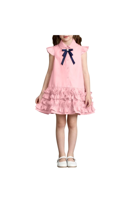 Birthday Party Dresses for Girls Button Ruffle Bow A Line Dress Collared Cap Sleeve Wedding Guest Dresses Drop Waist Formal Dresses
