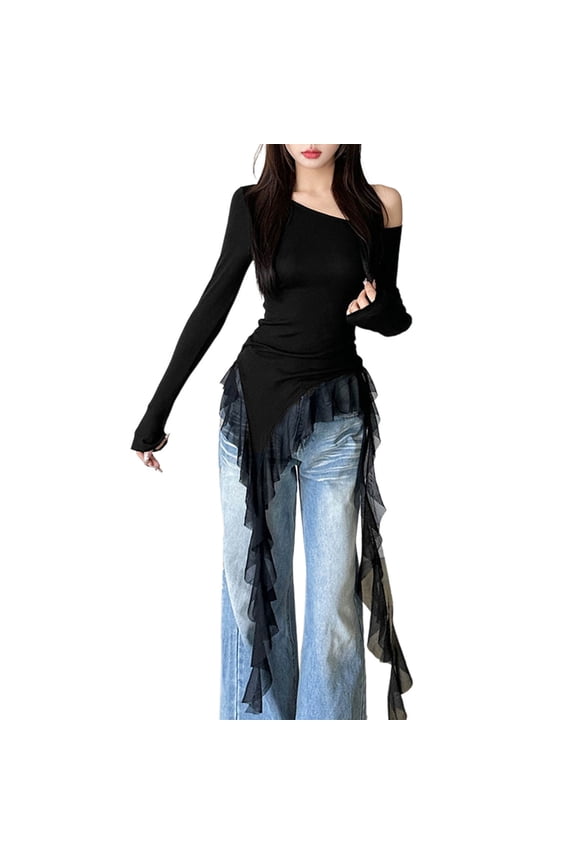 Blouses for Women Trendy Off Shoulder Neck Shirts Tops Tunic Solid Long Sleeve Pullover Tees Casual Fall Winter Clothes