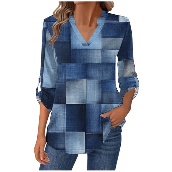 Makaor Button up Shirts for Women Long Sleeve V Neck Tops Plaid Pullover Tees Casual Fall Winter Clothes