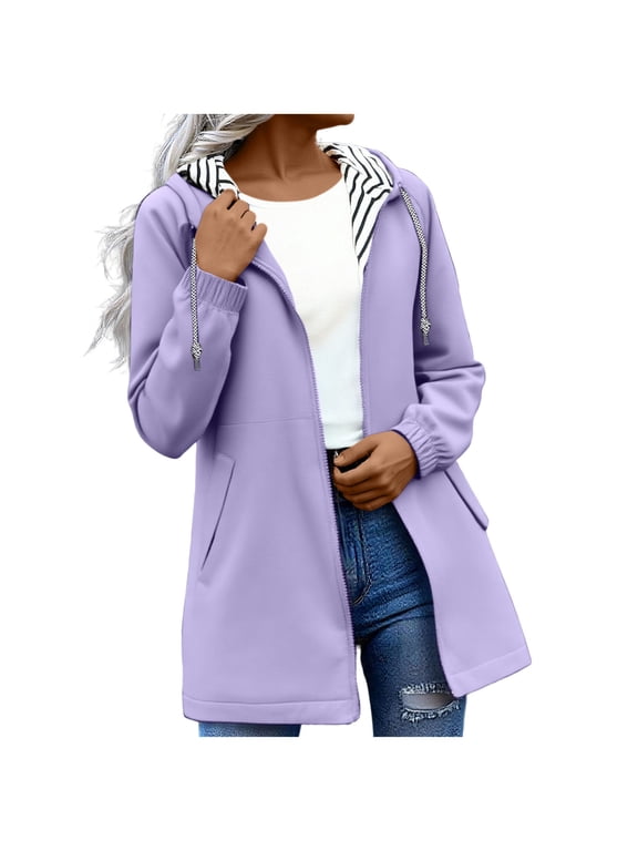 Coats for Women Pockets Waterproof Windproof Hooded Jacket Solid Plus Size Zipper Long Sleeve Outerwear Clothes