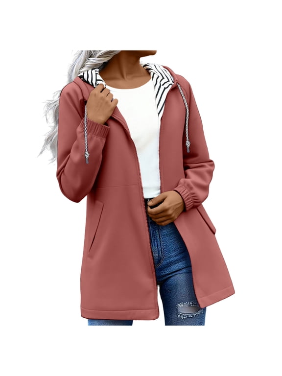 Coats for Women Pockets Waterproof Windproof Hooded Jacket Solid Plus Size Zipper Long Sleeve Outerwear Clothes