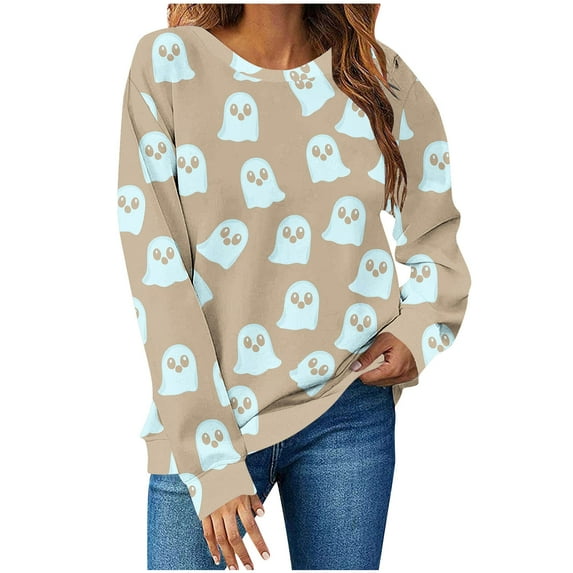 Makaor Crewneck Sweatshirt Womens Halloween Tops Fleece Long Sleeve Pullover Casual Fall Clothes Khaki XL