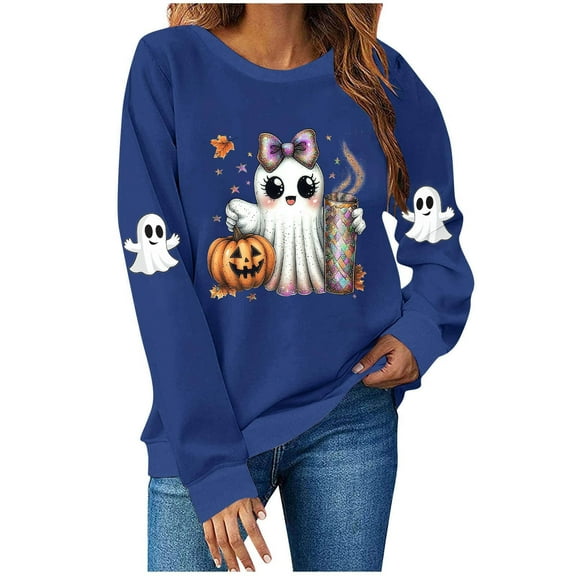 Makaor Crewneck Sweatshirt Womens Halloween Tops Fleece Long Sleeve Pullover Graphic Casual Fall Clothes Blue S