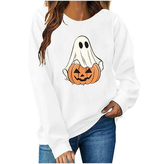 Makaor Crewneck Sweatshirt Womens Halloween Tops Fleece Long Sleeve Pullover Graphic Casual Fall Clothes White S