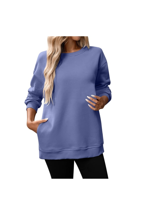 Crewneck Sweatshirt Womens Tunic Tops Fleece Long Sleeve Pullover Solid Casual Fall Clothes Purple 2XL