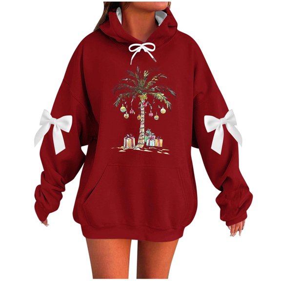 Makaor Cute Hoodies for Women Christmas Plus Size Tunic Sweatshirt Long Sleeve Pullover Graphic with Bow Oversized Tops