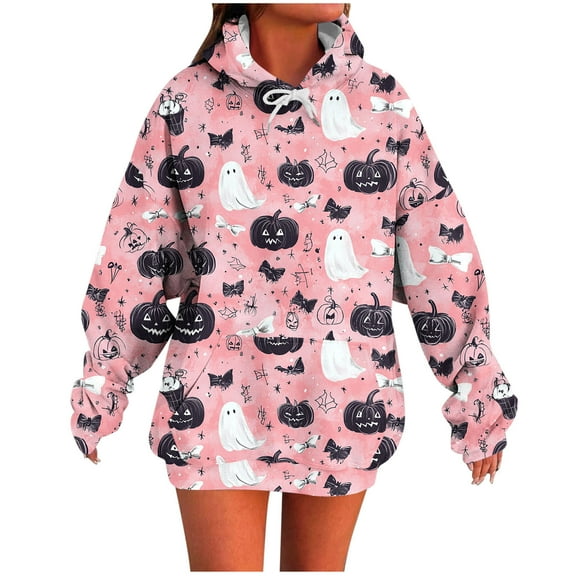 Makaor Cute Hoodies for Women Halloween Tunic Sweatshirt with Pockets Fleece Long Sleeve Pullover Pumpkin Oversized Tops