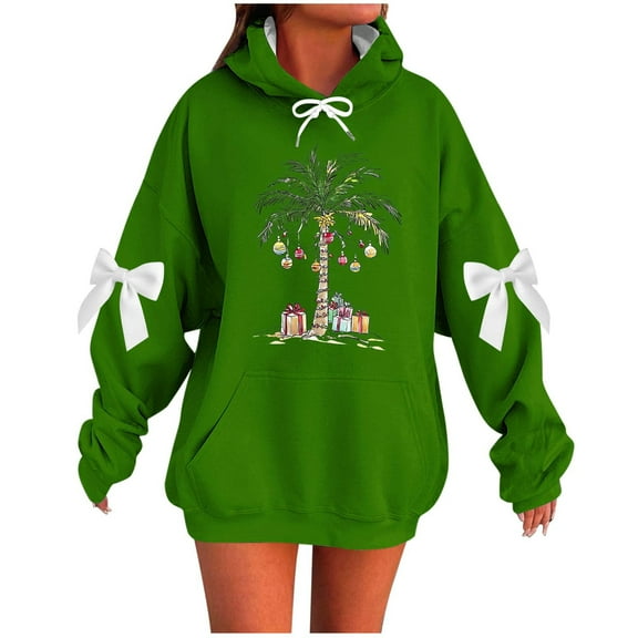 Makaor Cute Womens Hoodies Pullover Christmas Plus Size Tunic Sweatshirt Long Sleeve Tops Graphic with Bow Oversized Clothes