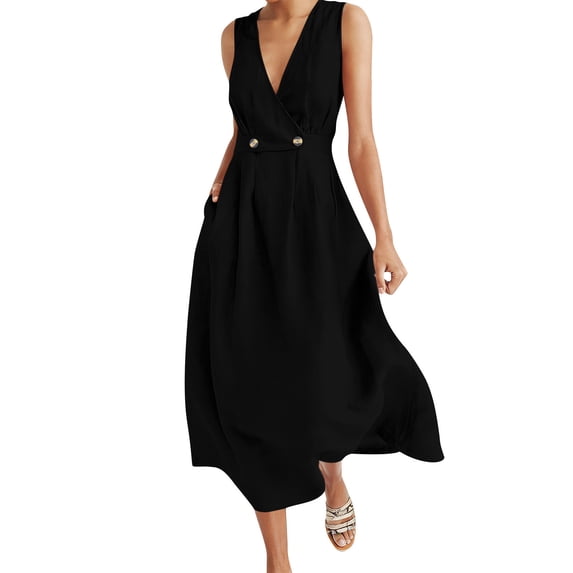 Makaor Dresses for Women Linen A Line Maxi Dresses Plus Size Sleeveless Dress Solid V Neck Beach Vacation Clothes Black XL