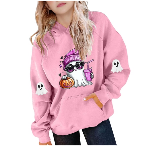 Makaor Fall Hoodies for Girls Boys Halloween Pullover Sweatshirts Ghost Long Sleeve Coats Fleece Clothes Pockets