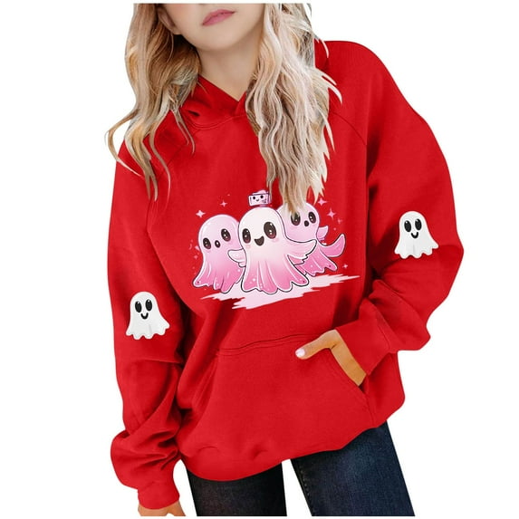 Makaor Fall Hoodies for Girls Boys Halloween Pullover Sweatshirts Ghost Long Sleeve Coats Fleece Clothes Pockets