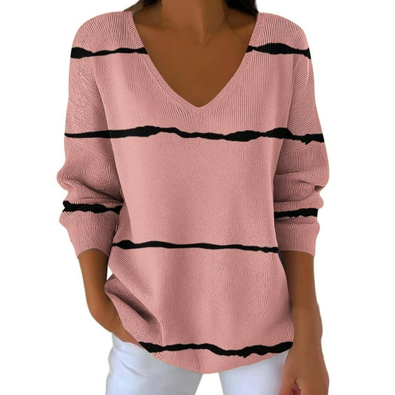 Makaor Fall Plus Size Tops Plus Size Lightweight V Neck Shirts Striped Long Sleeve Pullover Tees Casual Fall Outfits