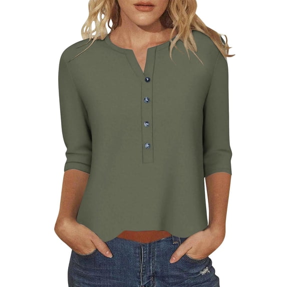 Makaor Fall Tops for Women Trendy Plus Size V Neck Shirts Button Solid 3/4 Sleeve Pullover Tees Casual Vacation Clothes